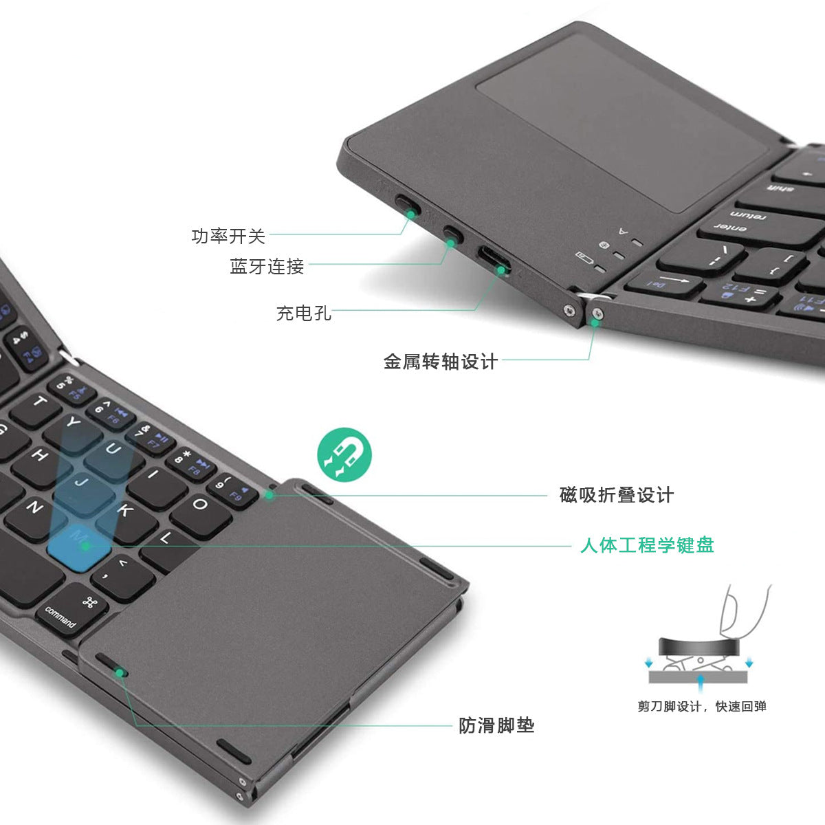 Wireless Bluetooth Ultra-thin Three-fold Keyboard Support Mobile Phone Tablet Notebook Foldable Rechargeable With Touchpad
